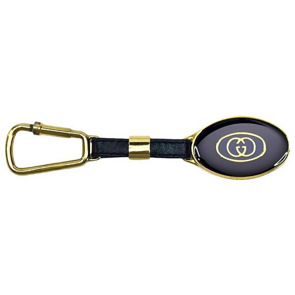 Gucci Navy Enamel Gold Key Ring With Leather Strap Made in Italy Vintage - Picture 1 of 8